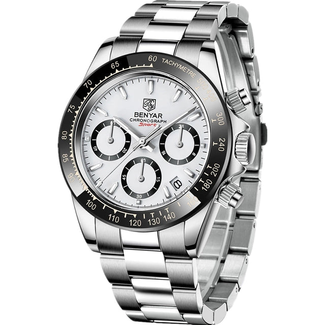 BENYAR BY-5169A – montre chronographe de luxe pour hommes avec bracelet en acier inoxydable – Blanc