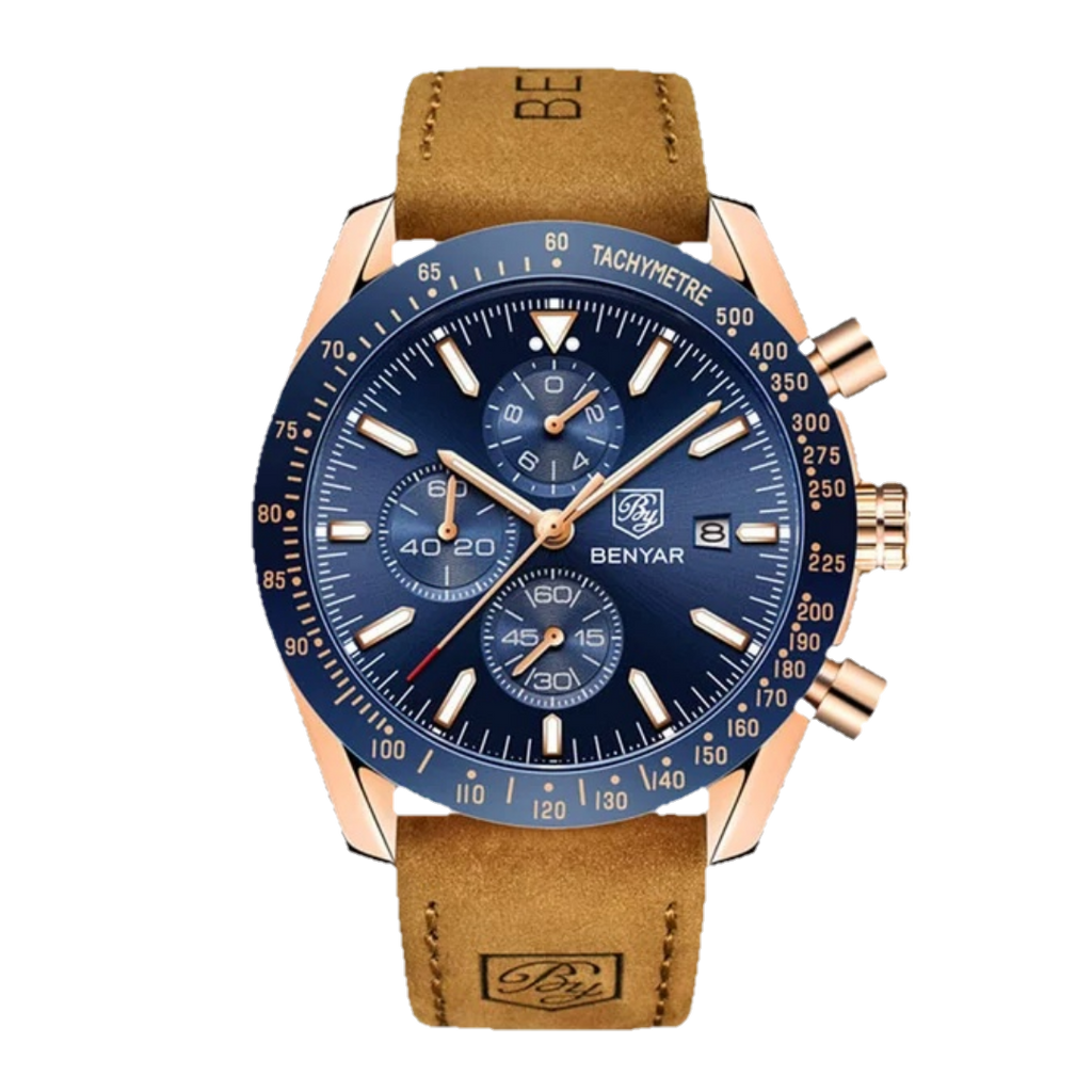 BENYAR BY-5140B Montre Homme Chronographe Étanche avec bracelet en Cuir Dan – Bleu & Doré