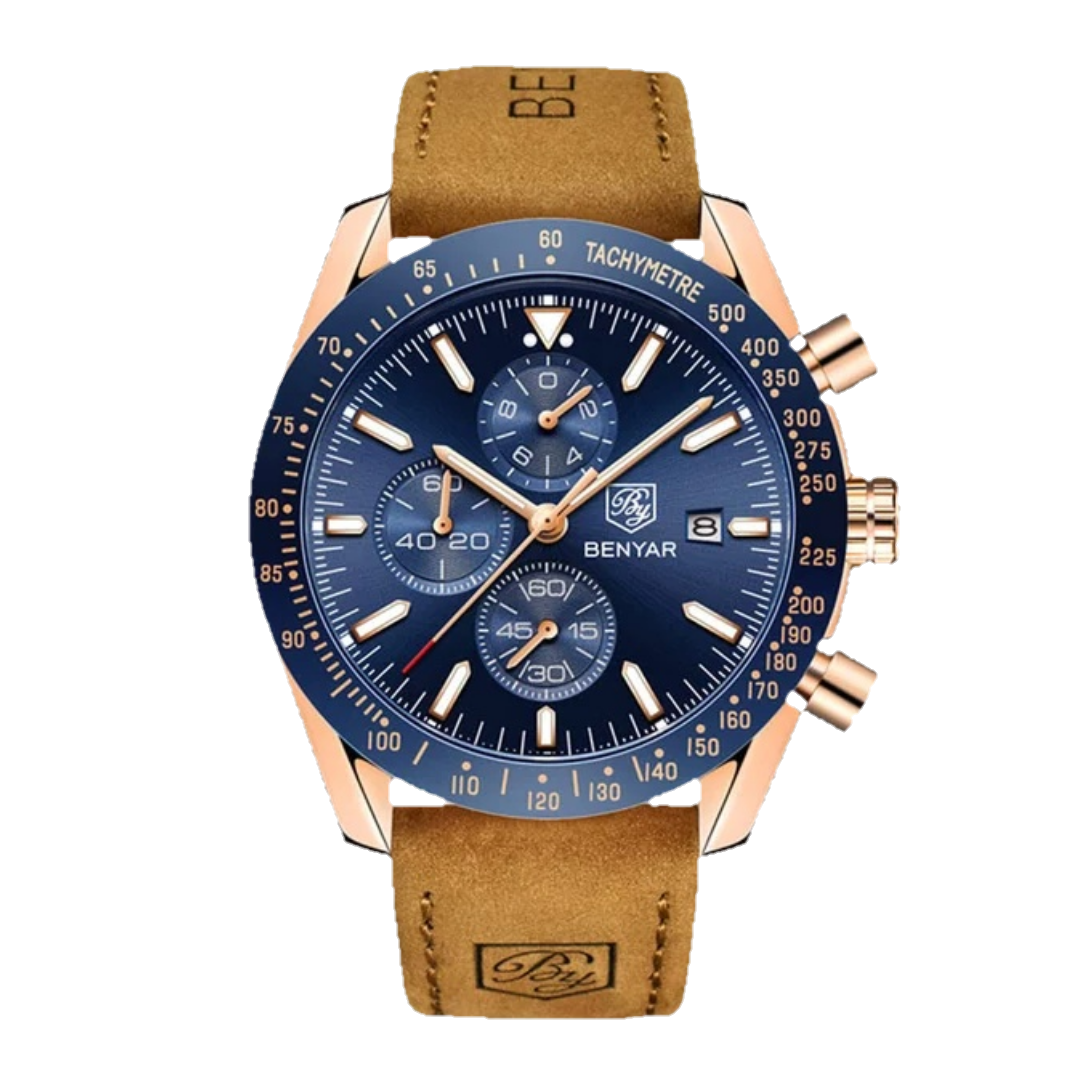 BENYAR BY-5140B Montre Homme Chronographe Étanche avec bracelet en Cuir Dan – Bleu & Doré