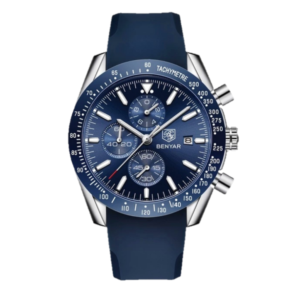 BENYAR BY-5140I Montre Homme Chronographe Étanche avec bracelet en Silicone – Bleu & Argenté