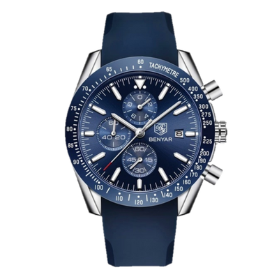BENYAR BY-5140I Montre Homme Chronographe Étanche avec bracelet en Silicone – Bleu & Argenté
