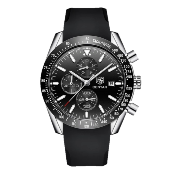 BENYAR BY-5140H Montre Homme Chronographe Étanche avec bracelet en Silicone – Noir & Argenté