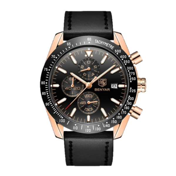 BENYAR BY-5140F Montre Homme Chronographe Étanche avec bracelet en Cuir – Noir & Doré