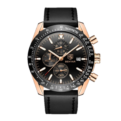 BENYAR BY-5140F Montre Homme Chronographe Étanche avec bracelet en Cuir – Noir & Doré