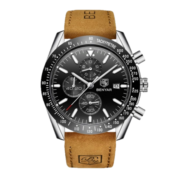 BENYAR BY-5140C Montre Homme Chronographe Étanche avec bracelet en Cuir Dan – Noir & Argenté