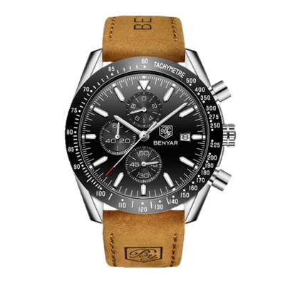 BENYAR BY-5140C Montre Homme Chronographe Étanche avec bracelet en Cuir Dan – Noir & Argenté