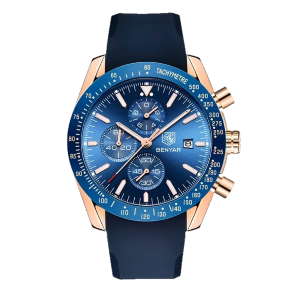 BENYAR BY-5140G Montre Homme Chronographe Étanche avec bracelet en Silicone – Bleu & Doré