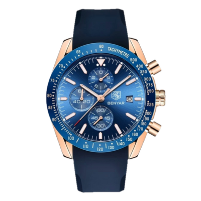 BENYAR BY-5140G Montre Homme Chronographe Étanche avec bracelet en Silicone – Bleu & Doré