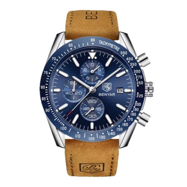 BENYAR BY-5140D Montre Homme Chronographe Étanche avec bracelet en Cuir Dan – Bleu & Argenté