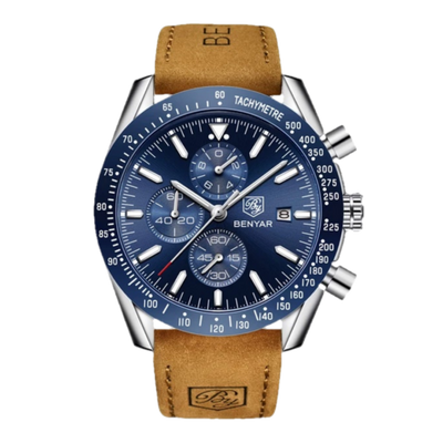 BENYAR BY-5140D Montre Homme Chronographe Étanche avec bracelet en Cuir Dan – Bleu & Argenté