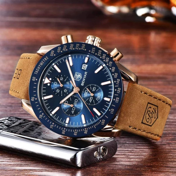 BENYAR BY-5140B Montre Homme Chronographe Étanche avec bracelet en Cuir Dan – Bleu & Doré