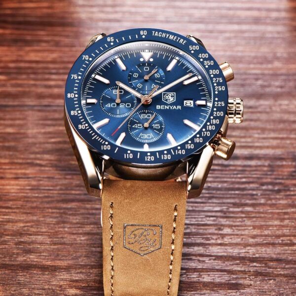BENYAR BY-5140B Montre Homme Chronographe Étanche avec bracelet en Cuir Dan – Bleu & Doré