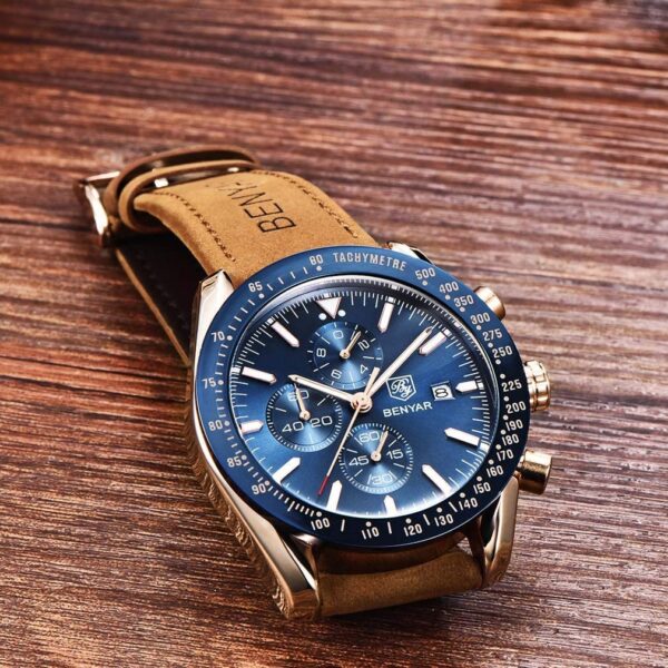 BENYAR BY-5140B Montre Homme Chronographe Étanche avec bracelet en Cuir Dan – Bleu & Doré