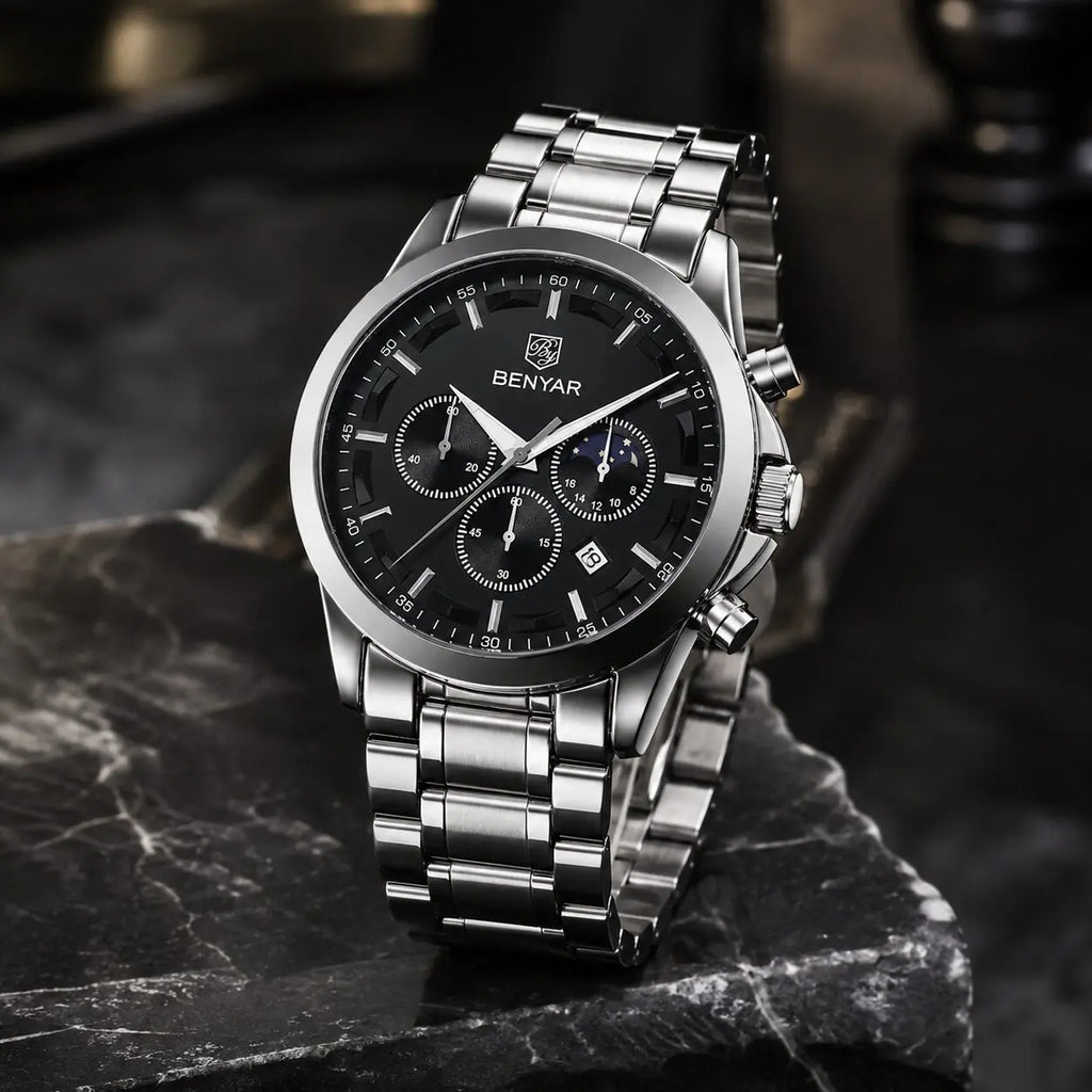 BENYAR BY-5160B Montre Homme Chronographe Étanche en Acier Inoxydable – Argenté & Noir