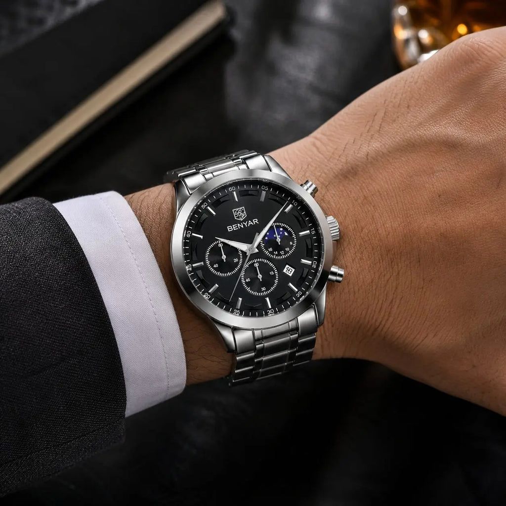 BENYAR BY-5160B Montre Homme Chronographe Étanche en Acier Inoxydable – Argenté & Noir