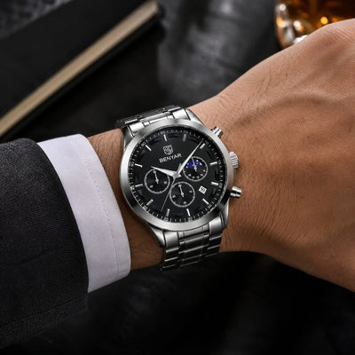 BENYAR BY-5160B Montre Homme Chronographe Étanche en Acier Inoxydable – Argenté & Noir