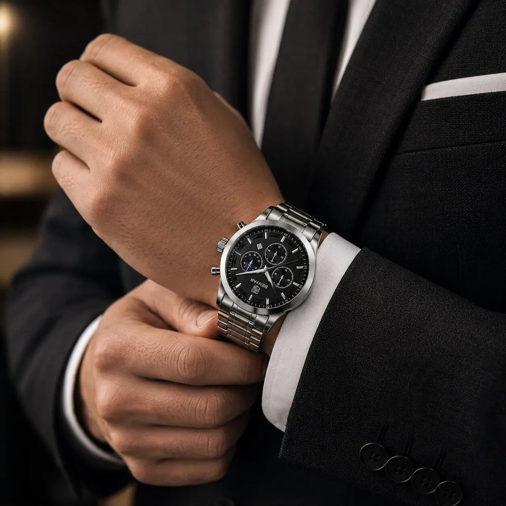 BENYAR BY-5160B Montre Homme Chronographe Étanche en Acier Inoxydable – Argenté & Noir