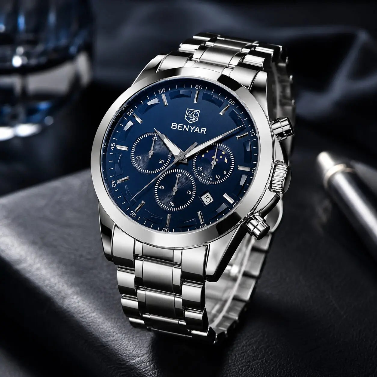 BENYAR BY-5160C Montre Homme Chronographe Étanche en Acier Inoxydable – Argenté & Bleu