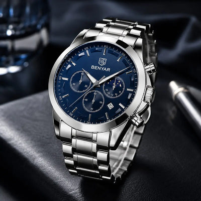 BENYAR BY-5160C Montre Homme Chronographe Étanche en Acier Inoxydable – Argenté & Bleu