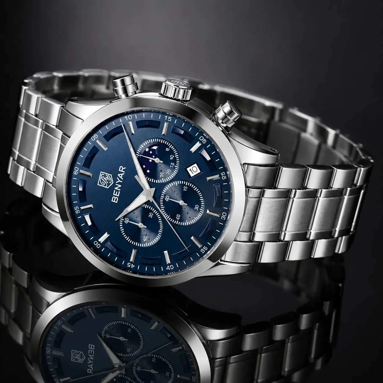 BENYAR BY-5160C Montre Homme Chronographe Étanche en Acier Inoxydable – Argenté & Bleu