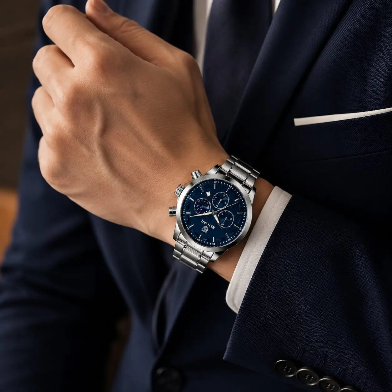 BENYAR BY-5160C Montre Homme Chronographe Étanche en Acier Inoxydable – Argenté & Bleu