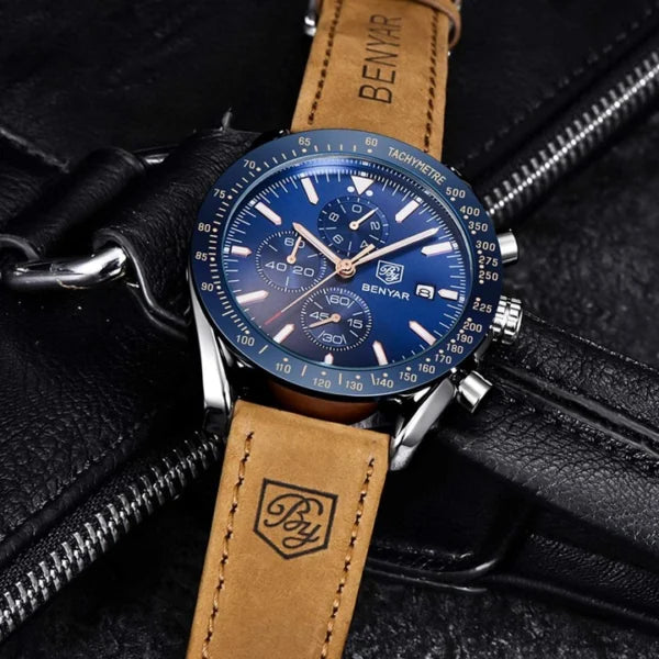 BENYAR BY-5140D Montre Homme Chronographe Étanche avec bracelet en Cuir Dan – Bleu & Argenté