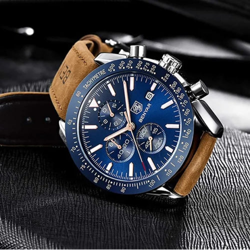 BENYAR BY-5140D Montre Homme Chronographe Étanche avec bracelet en Cuir Dan – Bleu & Argenté
