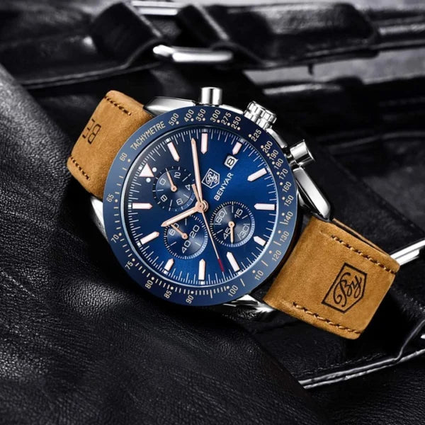 BENYAR BY-5140D Montre Homme Chronographe Étanche avec bracelet en Cuir Dan – Bleu & Argenté