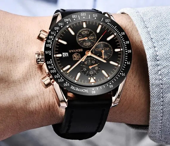 BENYAR BY-5140F Montre Homme Chronographe Étanche avec bracelet en Cuir – Noir & Doré