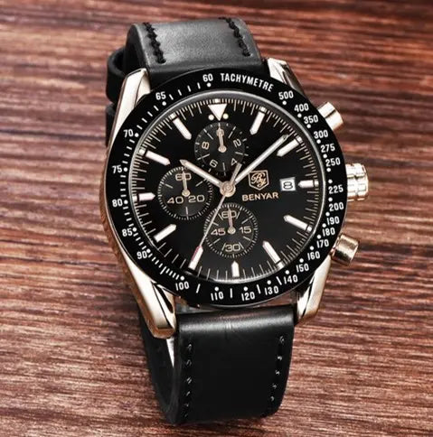 BENYAR BY-5140F Montre Homme Chronographe Étanche avec bracelet en Cuir – Noir & Doré