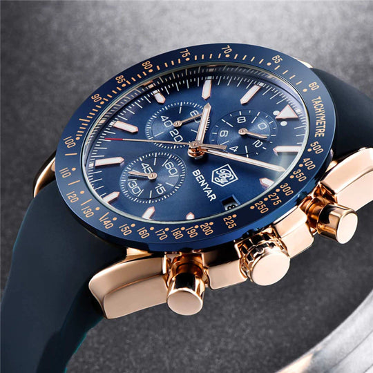 BENYAR BY-5140G Montre Homme Chronographe Étanche avec bracelet en Silicone – Bleu & Doré