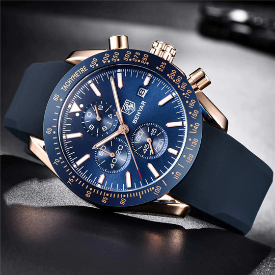 BENYAR BY-5140G Montre Homme Chronographe Étanche avec bracelet en Silicone – Bleu & Doré