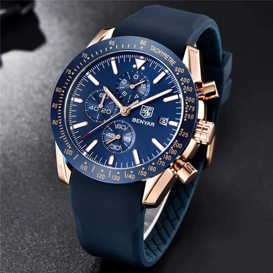 BENYAR BY-5140G Montre Homme Chronographe Étanche avec bracelet en Silicone – Bleu & Doré
