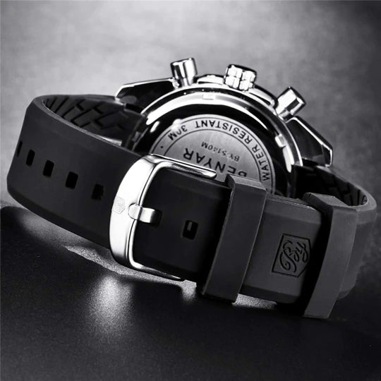 BENYAR BY-5140H Montre Homme Chronographe Étanche avec bracelet en Silicone – Noir & Argenté