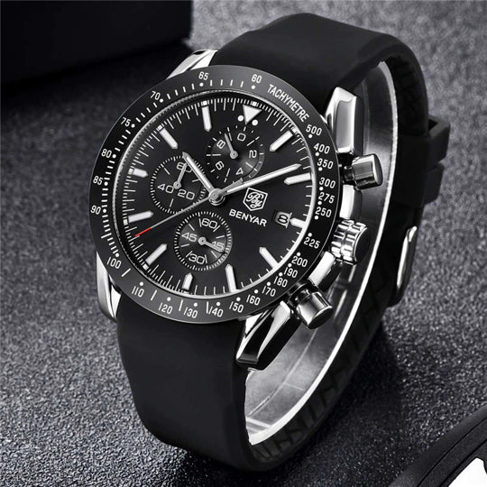 BENYAR BY-5140H Montre Homme Chronographe Étanche avec bracelet en Silicone – Noir & Argenté