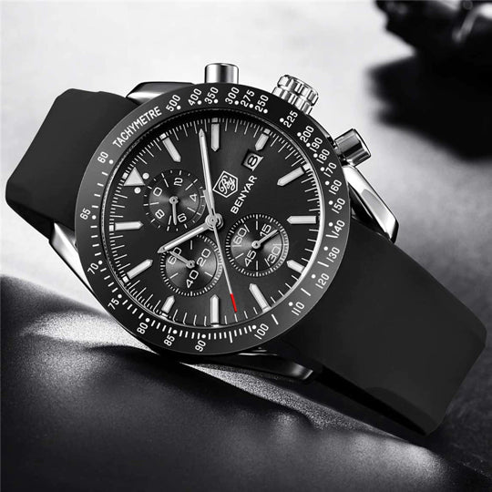 BENYAR BY-5140H Montre Homme Chronographe Étanche avec bracelet en Silicone – Noir & Argenté
