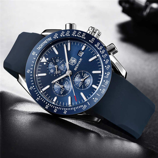 BENYAR BY-5140I Montre Homme Chronographe Étanche avec bracelet en Silicone – Bleu & Argenté