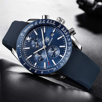 BENYAR BY-5140I Montre Homme Chronographe Étanche avec bracelet en Silicone – Bleu & Argenté