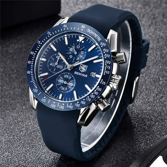 BENYAR BY-5140I Montre Homme Chronographe Étanche avec bracelet en Silicone – Bleu & Argenté