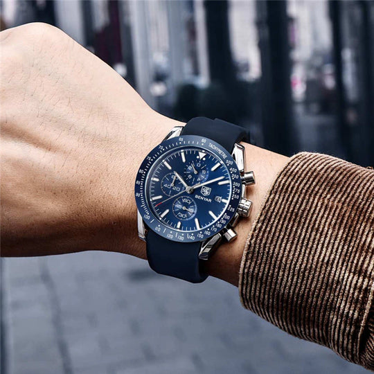 BENYAR BY-5140I Montre Homme Chronographe Étanche avec bracelet en Silicone – Bleu & Argenté