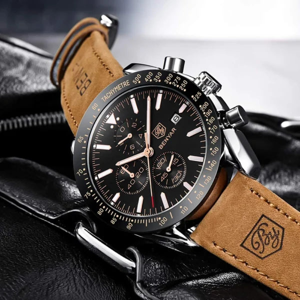 BENYAR BY-5140C Montre Homme Chronographe Étanche avec bracelet en Cuir Dan – Noir & Argenté