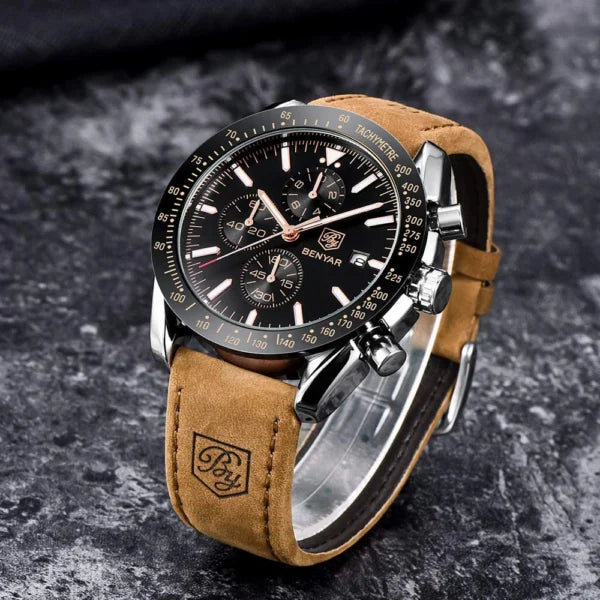 BENYAR BY-5140C Montre Homme Chronographe Étanche avec bracelet en Cuir Dan – Noir & Argenté