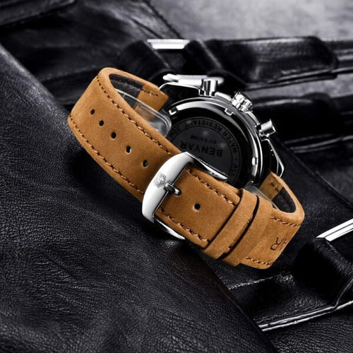 BENYAR BY-5140C Montre Homme Chronographe Étanche avec bracelet en Cuir Dan – Noir & Argenté