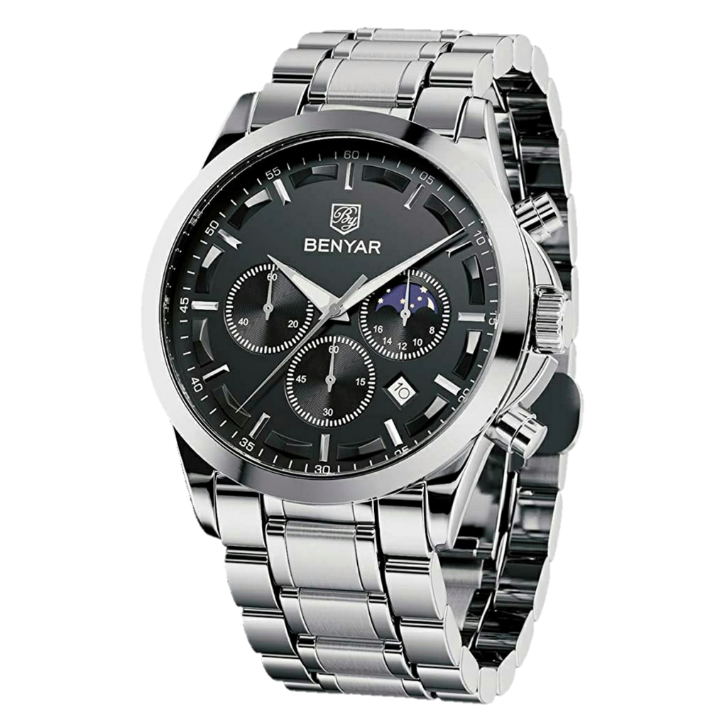 BENYAR BY-5160B Montre Homme Chronographe Étanche en Acier Inoxydable – Argenté & Noir