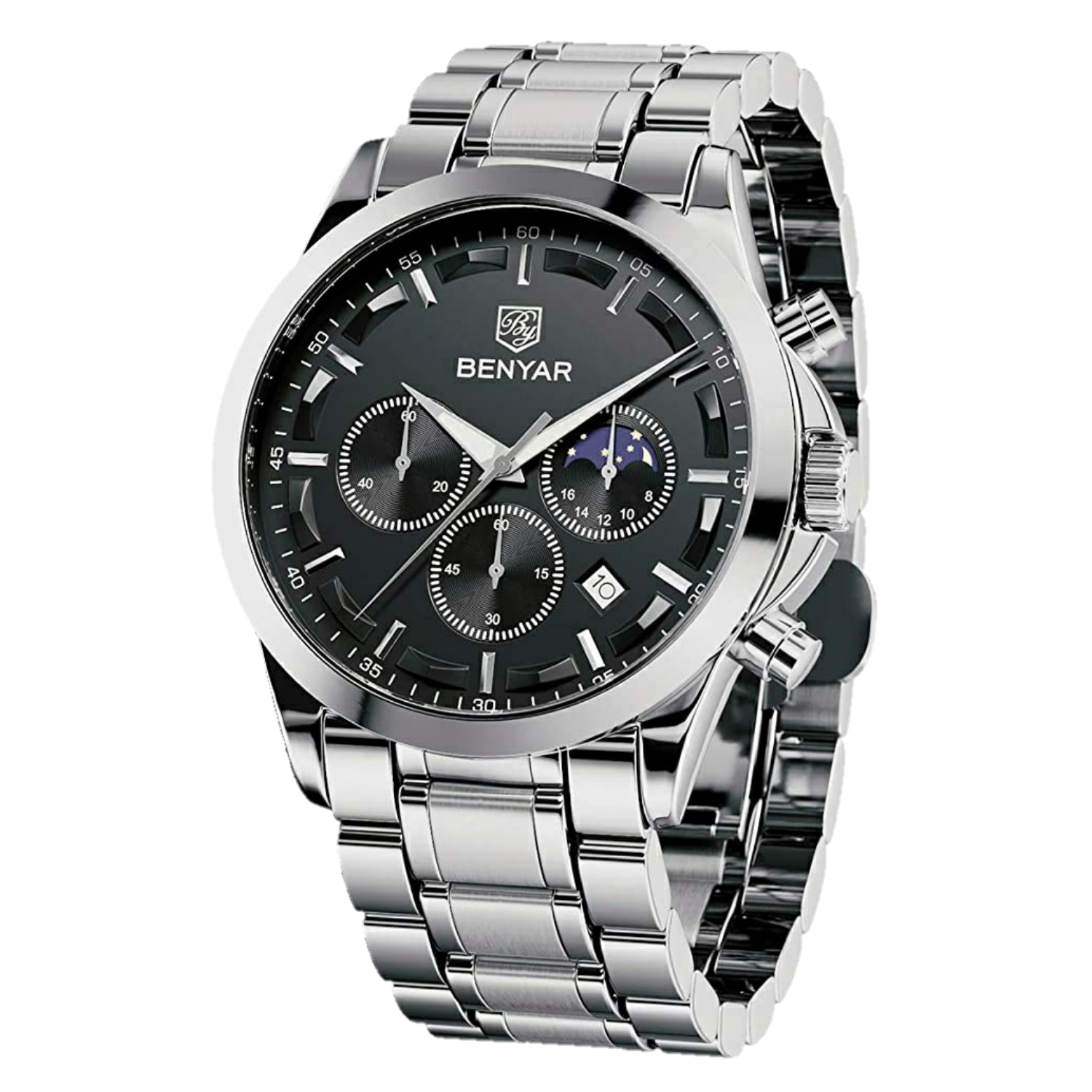 BENYAR BY-5160B Montre Homme Chronographe Étanche en Acier Inoxydable – Argenté & Noir