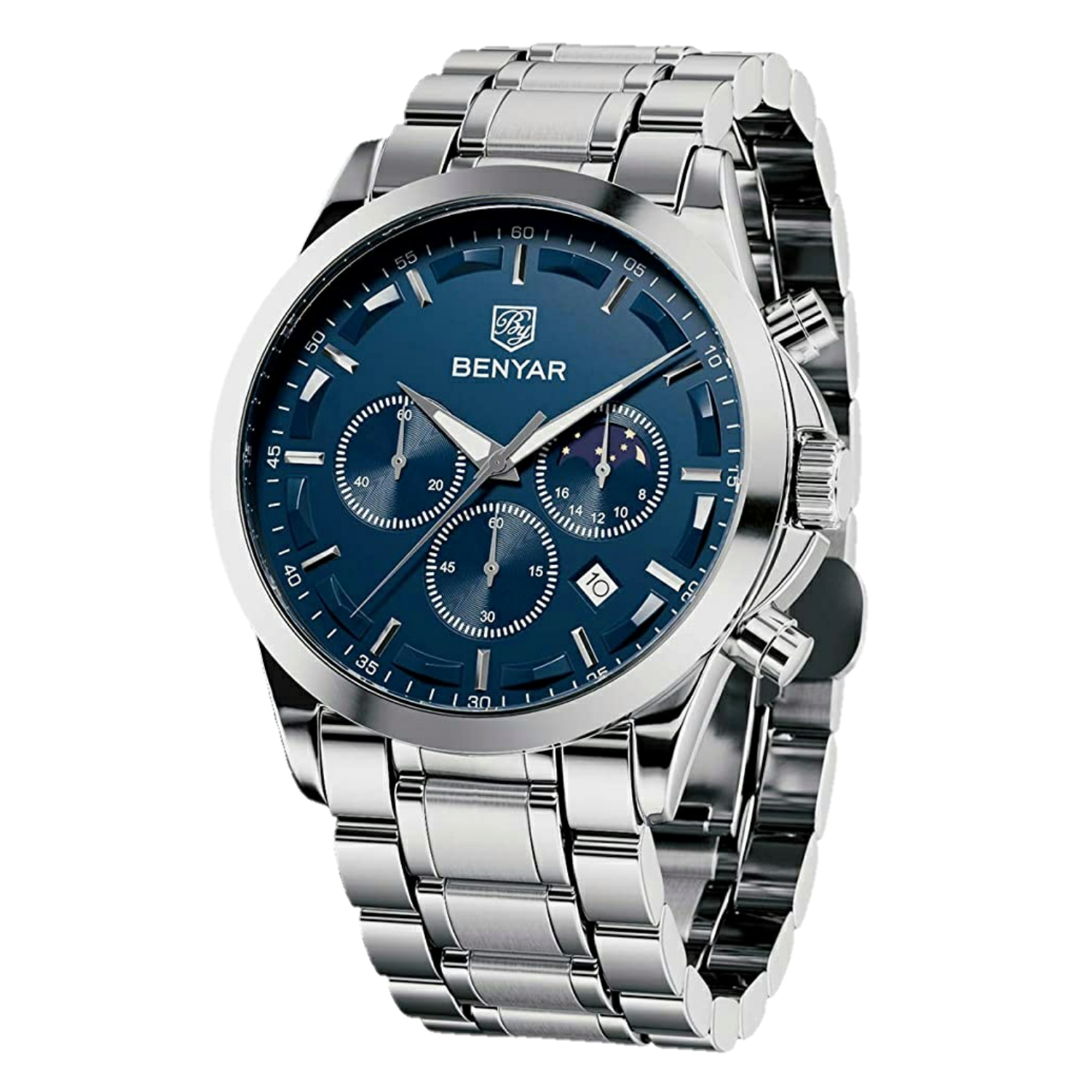 BENYAR BY-5160C Montre Homme Chronographe Étanche en Acier Inoxydable – Argenté & Bleu