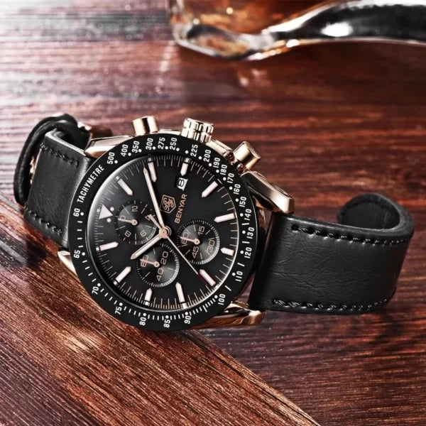 BENYAR BY-5140F Montre Homme Chronographe Étanche avec bracelet en Cuir – Noir & Doré